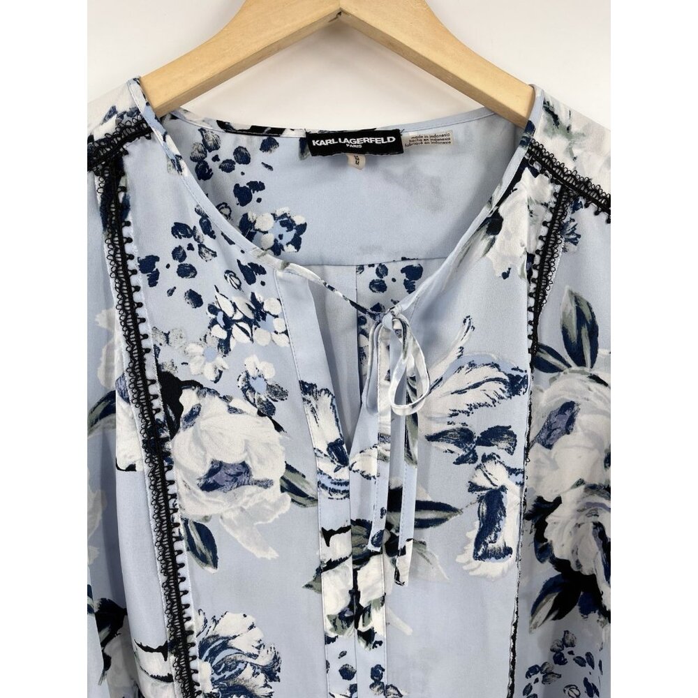 KARL LAGERFELD Women's Blue Floral Tie Neck 3/4 Sleeve Blouse Medium - Picture 5 of 6